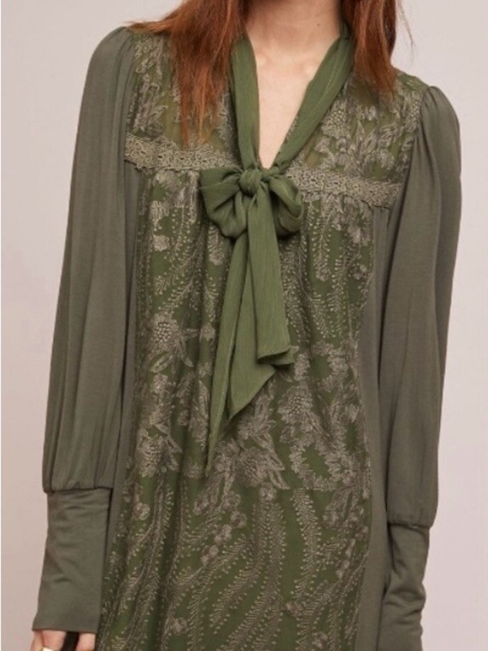 🫑 NEW Anthropologie Tiny Isla Dress - Moss Green Tie-Neck Tunic Floral Boho